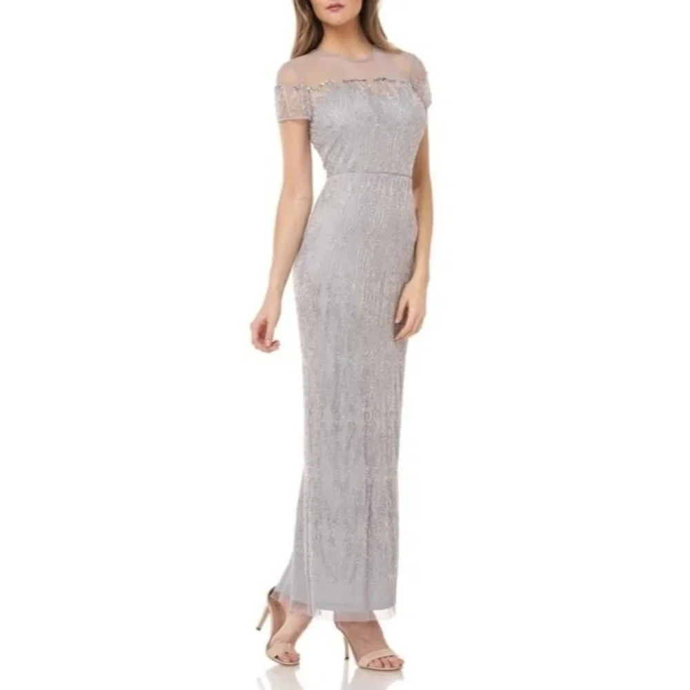 JS Collections Womens Silver Beaded Illusion Yoke Evening Dress Gown Size 12 NWT